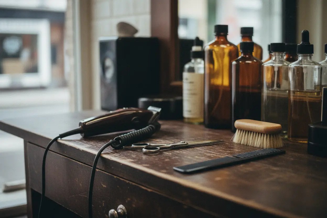 Clippers, scissors and combs on the barber's counter