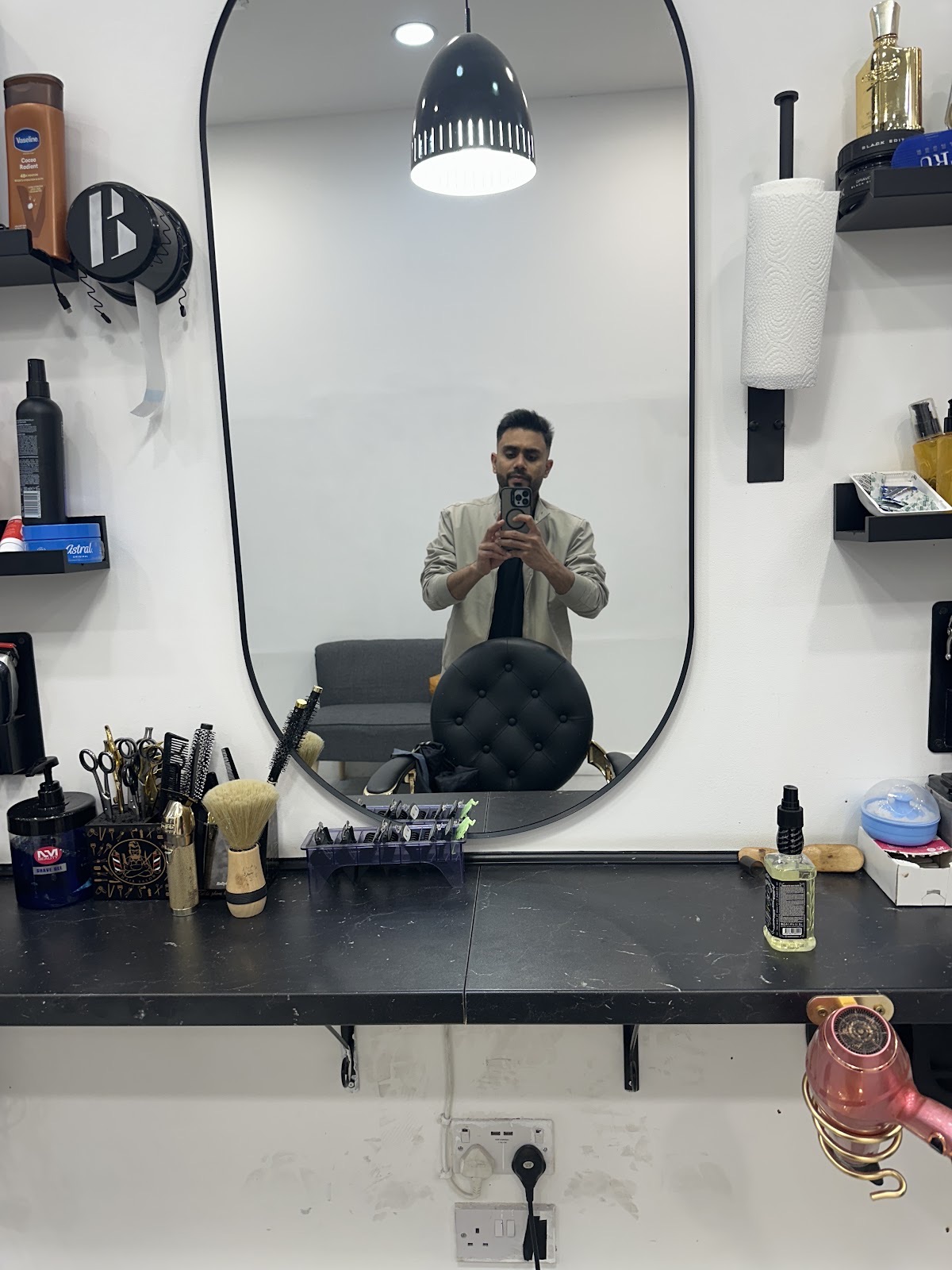 The styling station, mirror and counter